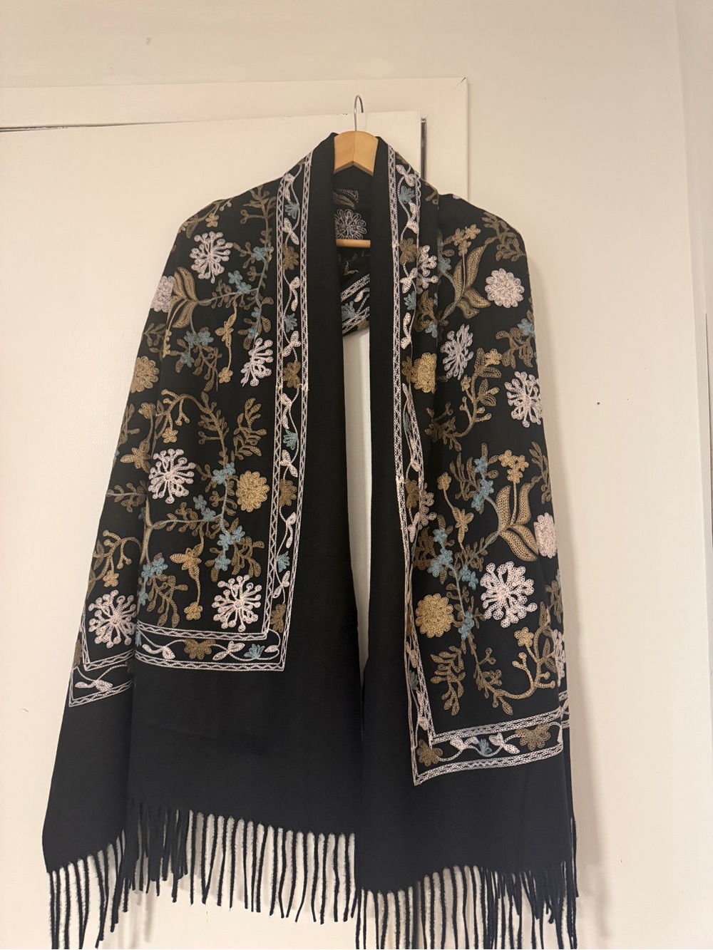 Embroidered Black Floral Fringe Scarf